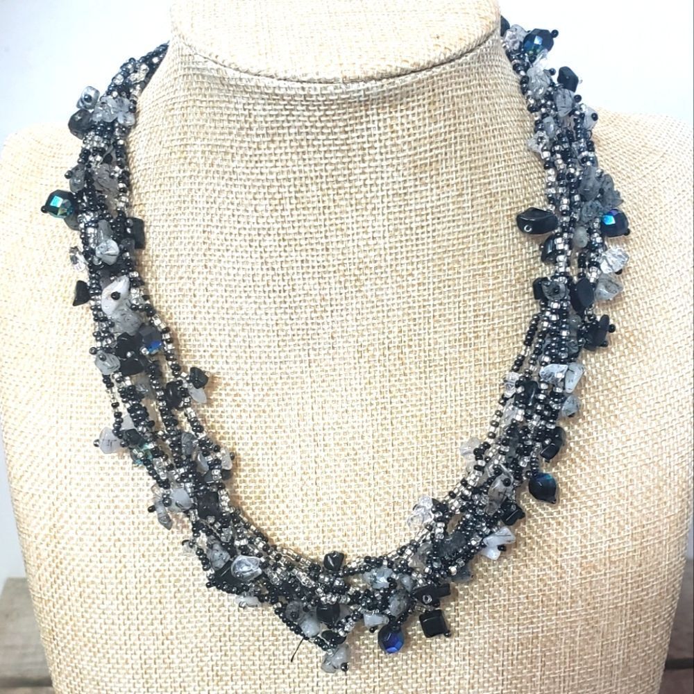 MULTI-STRAND Seed Bead & Stone Chip Magnetic Closure Necklace